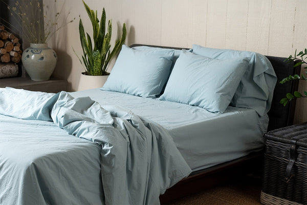 Bed with light blue bedding and pillows in a room with plants and a wooden shelf.