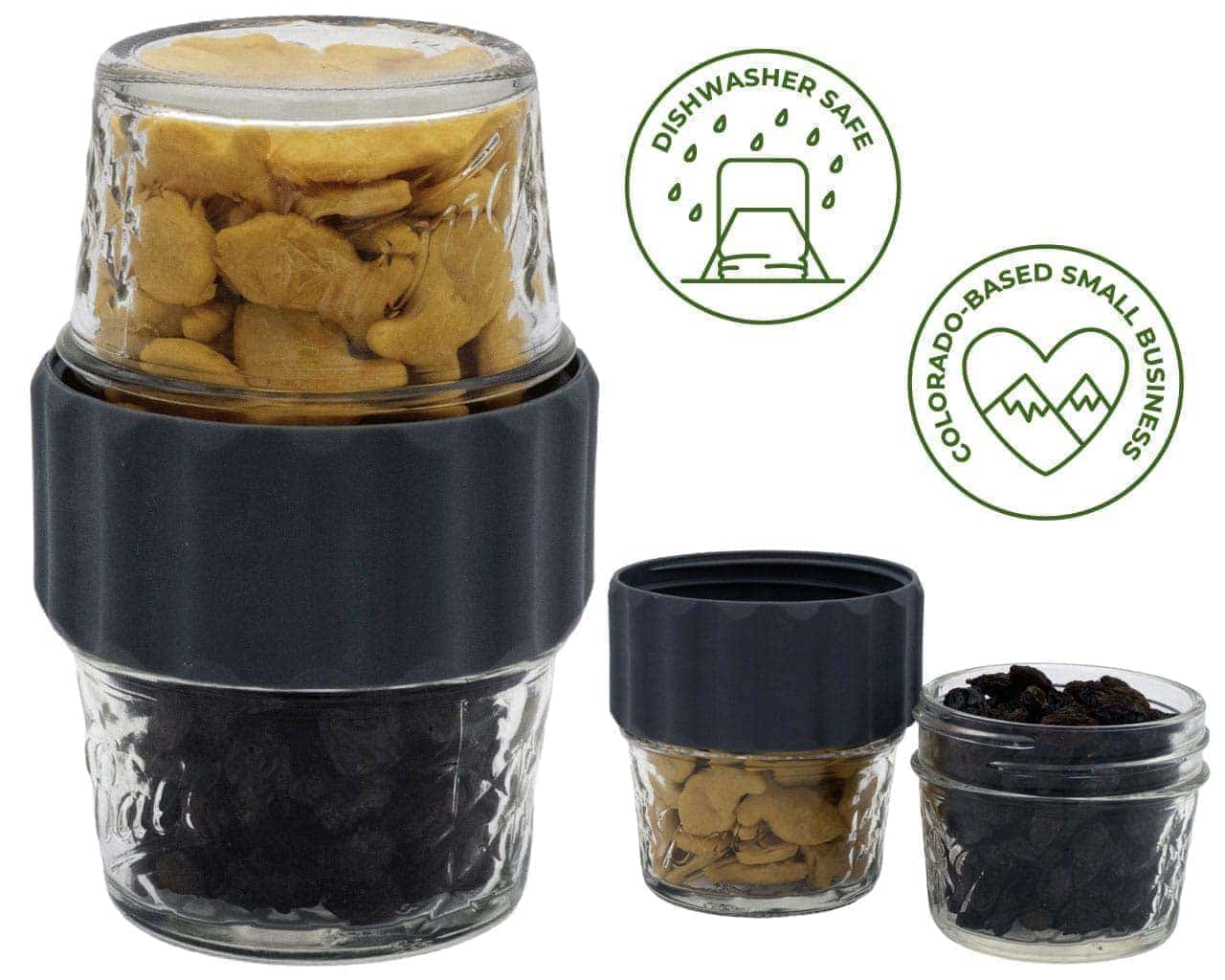 Glass containers with black silicone lids filled with snacks, accompanied by icons indicating dishwasher safety and a Colorado-based small business.