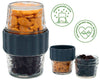 Glass containers with black silicone lids filled with snacks, accompanied by icons indicating dishwasher safety and a Colorado-based small business.
