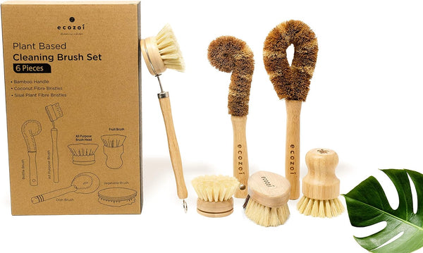 Ecozoi 6-piece plant-based kitchen brush set with bamboo handles and natural fibre bristles