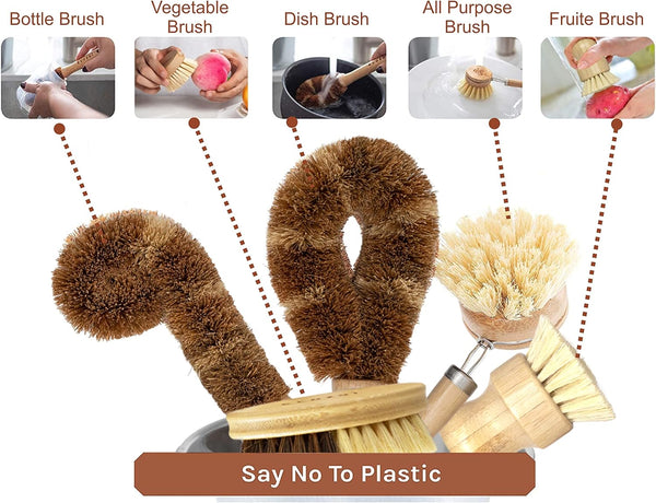 Ecozoi dish brush with bamboo handle scrubbing a pot – plastic-free kitchen cleaning