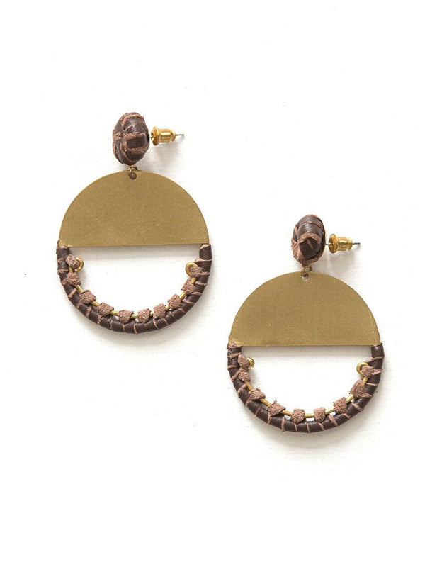 New Horizon leather and brass loop earrings by Fair Anita — knotted leather with recycled brass-plated finish
