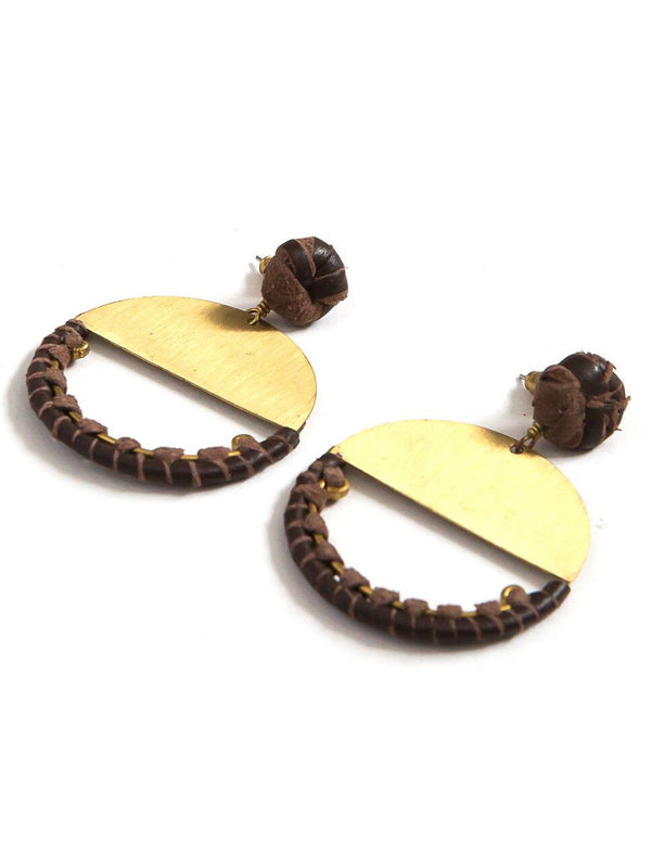 New Horizon earrings by Fair Anita — lightweight 1.75 inch leather and brass loops