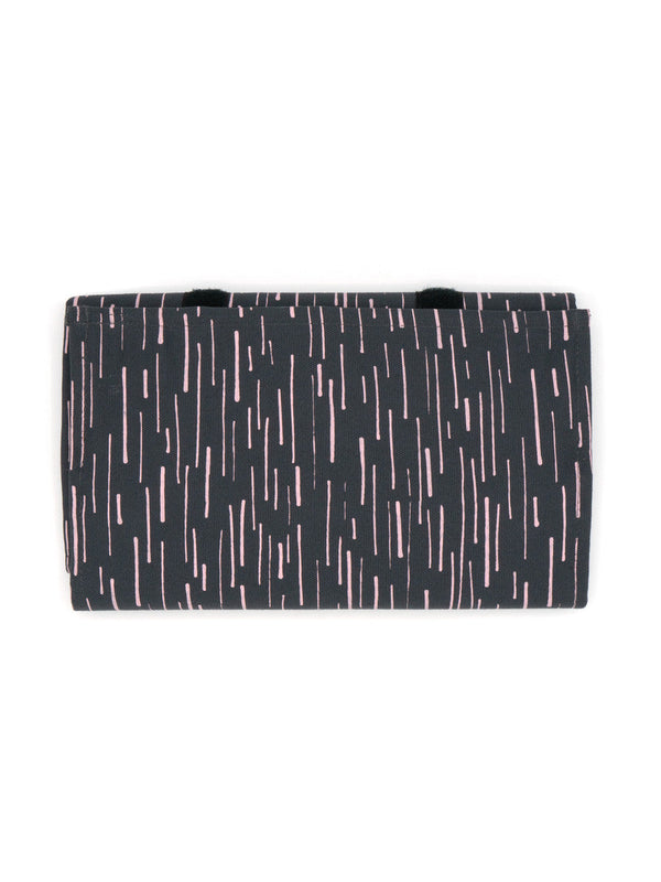Wayfarer Jewelry Roll in Grey Shine unrolled flat, showing earring layer and zipped pouches, handwoven organic cotton by Fair Anita