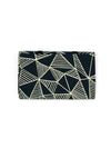Wayfarer Jewelry Roll in Geometric Navy, unrolled to show earring layer and zipped pouches, handwoven organic cotton by Fair Anita