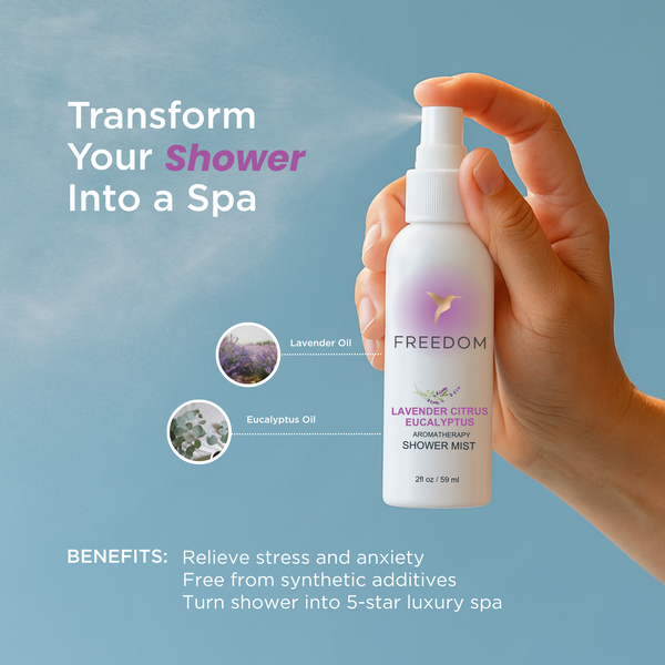 Freedom Natural Deodorant Lavender and Eucalyptus Shower Spray 2oz bottle on white background