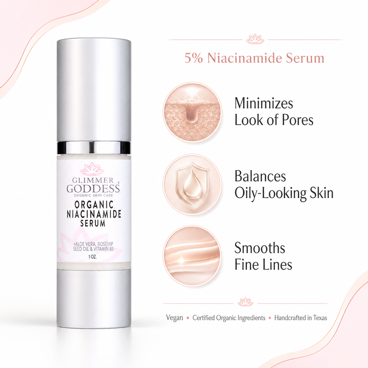 Glimmer Goddess Organic Niacinamide Serum 5% in airless pump bottle on clean white background