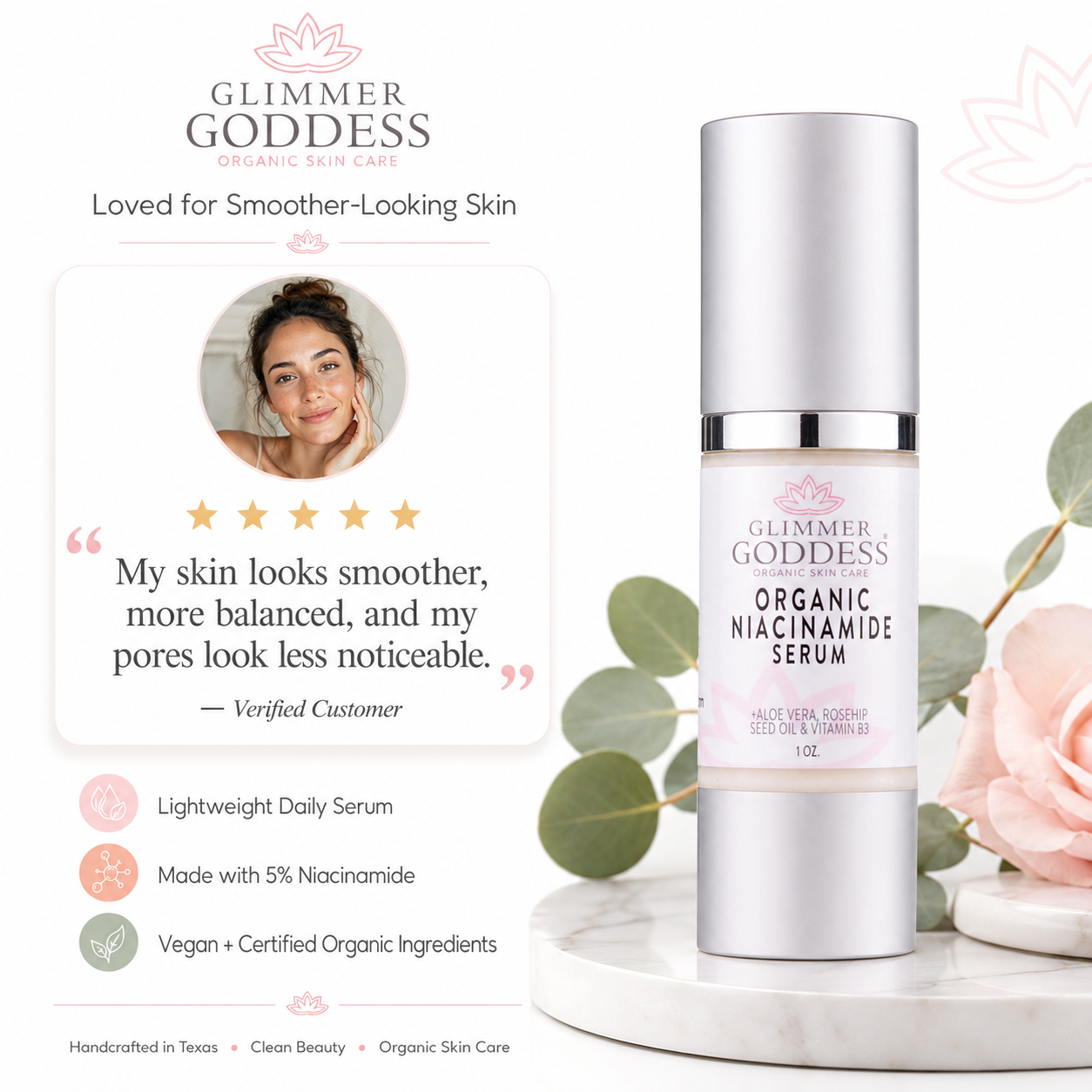 Glimmer Goddess 5% Niacinamide Serum beside skincare ingredients highlighting pore minimizing and oil control benefits