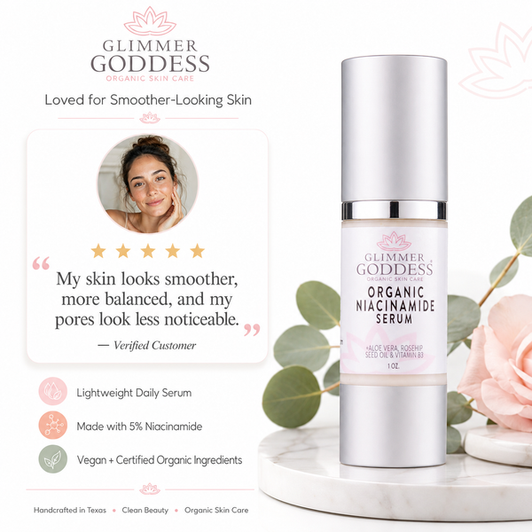 Glimmer Goddess 5% Niacinamide Serum beside skincare ingredients highlighting pore minimizing and oil control benefits