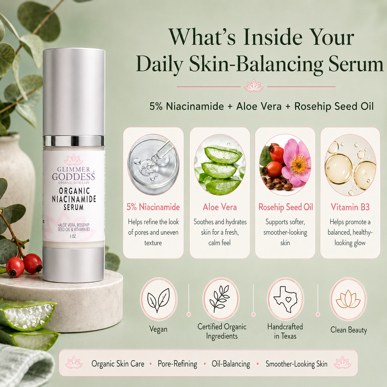 Model applying Glimmer Goddess Organic Niacinamide Serum to face demonstrating lightweight texture on skin
