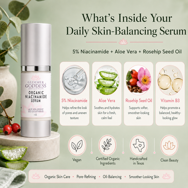 Model applying Glimmer Goddess Organic Niacinamide Serum to face demonstrating lightweight texture on skin