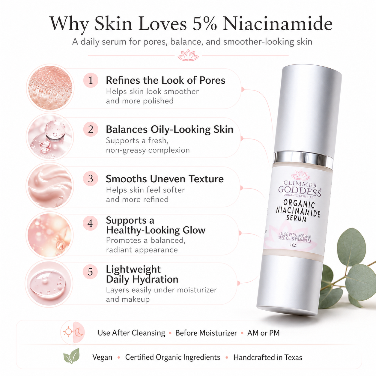 Glimmer Goddess Niacinamide Serum 5% product flat lay showing vegan cruelty-free handcrafted in Texas branding