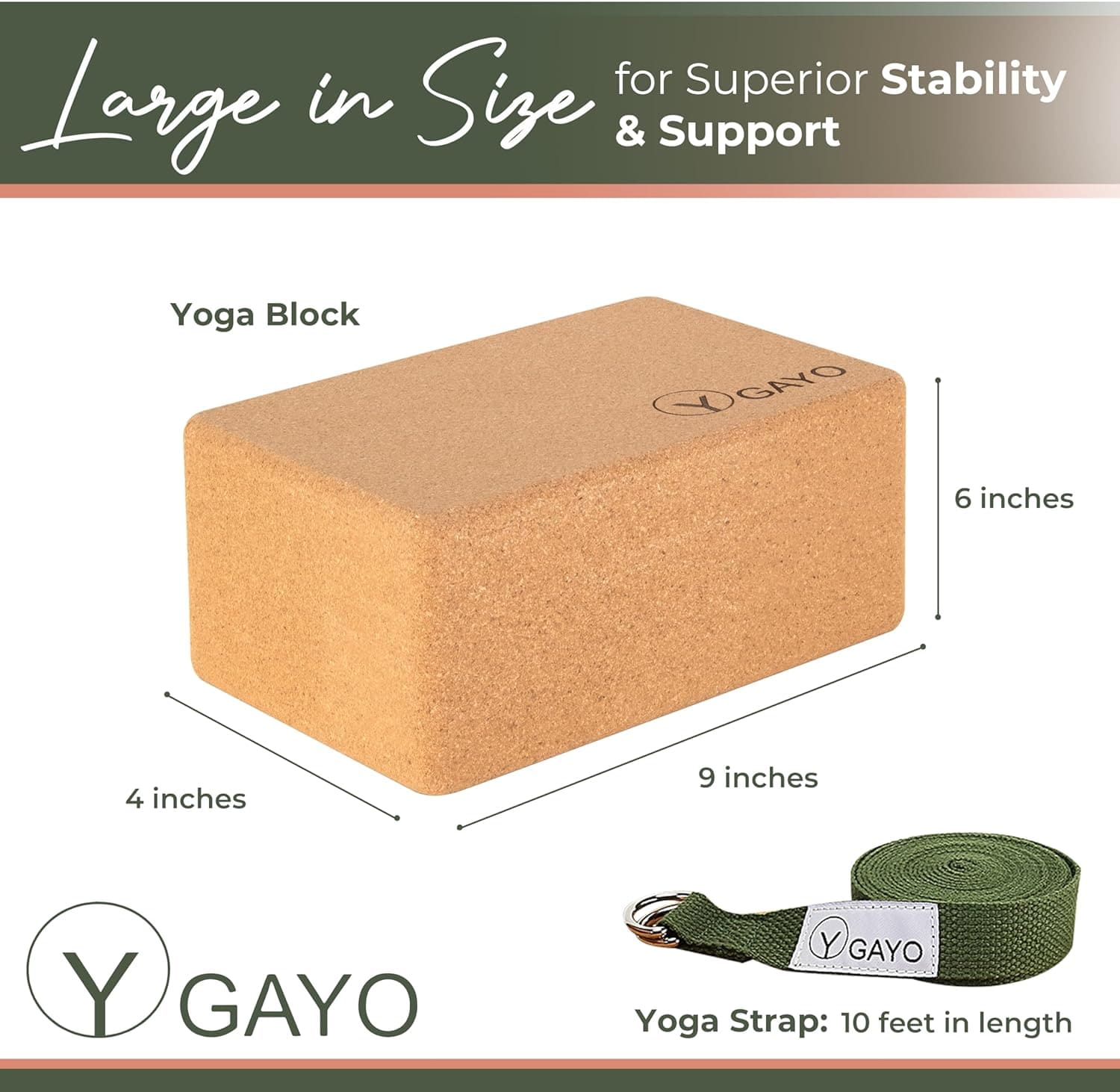 Yoga block with dimensions and a yoga strap on a white background, featuring the GAYO brand.
