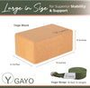 Yoga block with dimensions and a yoga strap on a white background, featuring the GAYO brand.