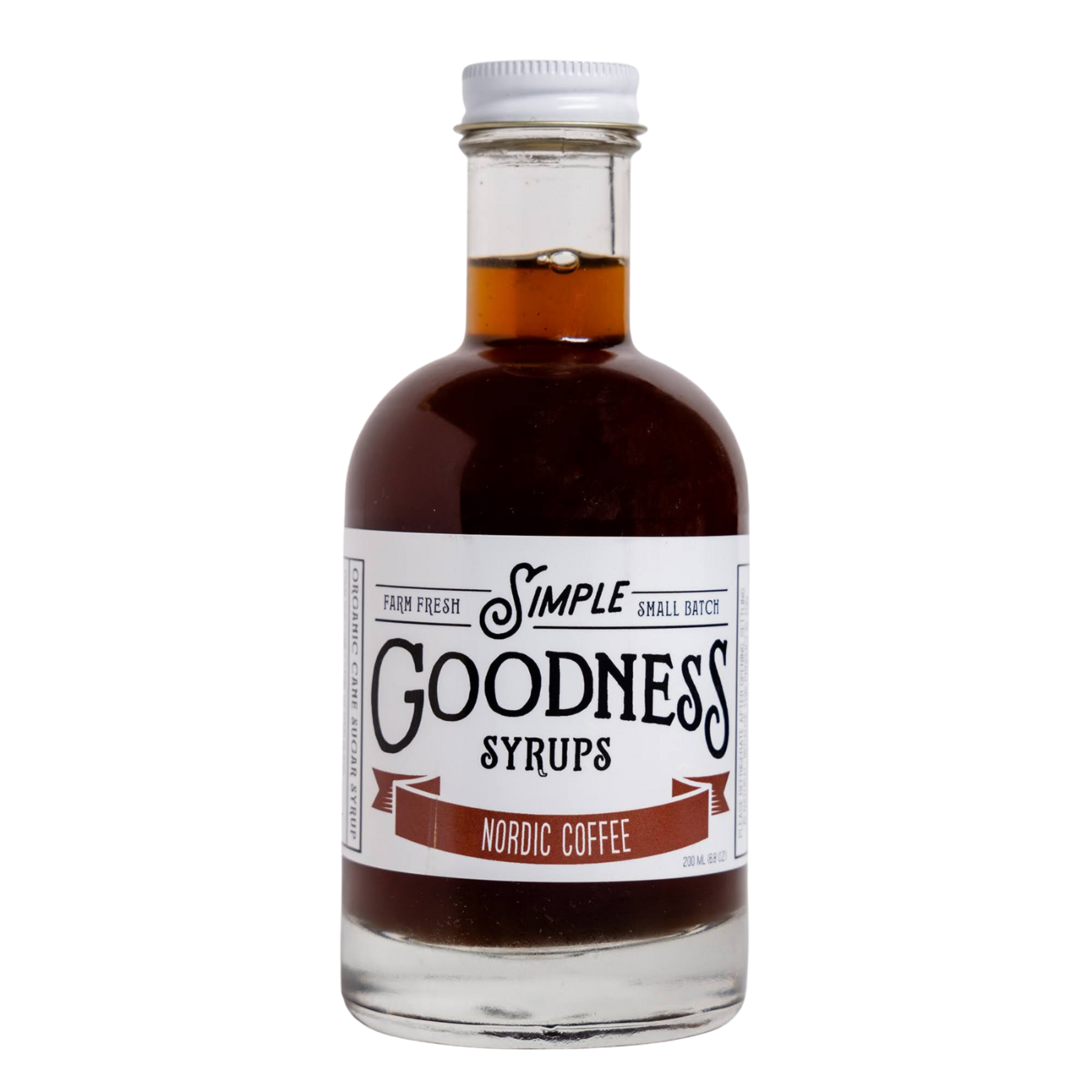 Bottle of Simple Goodness Syrups Nordic Coffee syrup on a white background