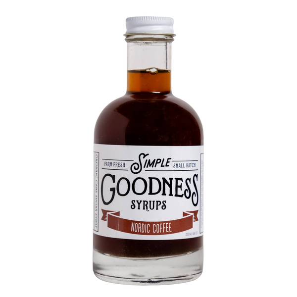 Bottle of Simple Goodness Syrups Nordic Coffee syrup on a white background