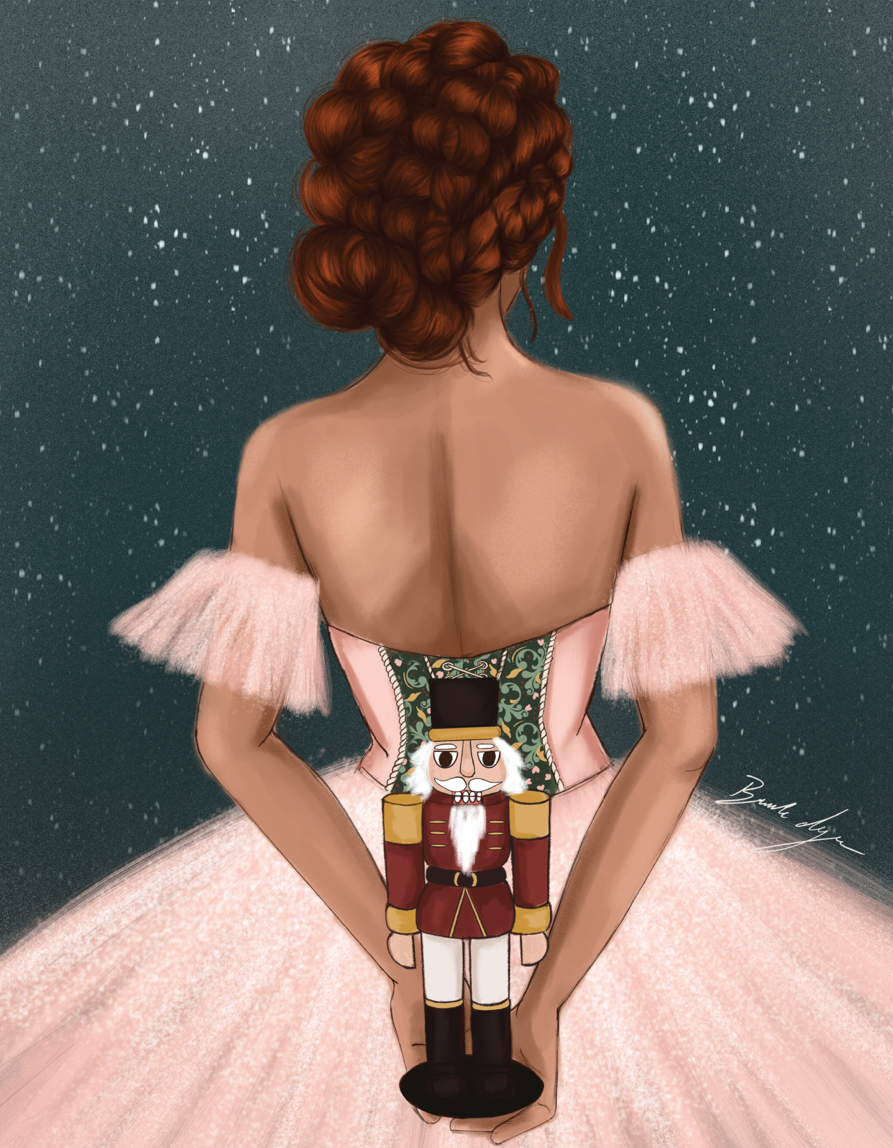 Illustration of a person wearing a dress with a nutcracker design against a starry night sky.
