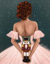 Illustration of a person wearing a dress with a nutcracker design against a starry night sky.