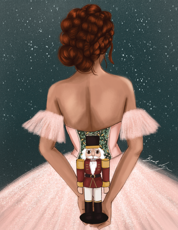 Illustration of a person wearing a dress with a nutcracker design against a starry night sky.
