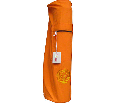 Orange yoga mat bag with a sun design on a white background
