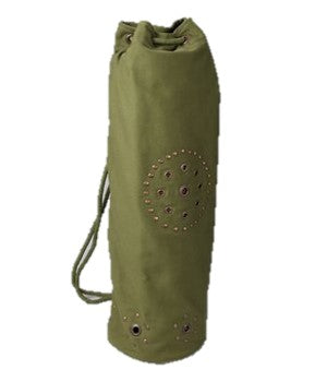 Green drawstring bag with decorative studs on a white background