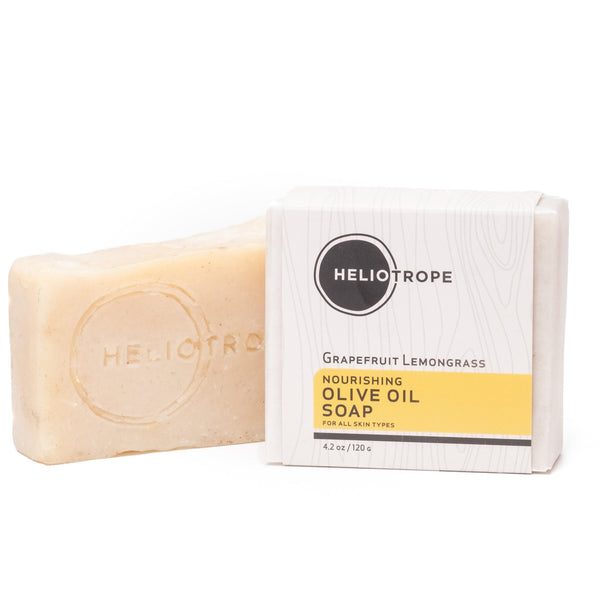 Heliotrope SF Grapefruit Lemongrass olive oil soap bar with ground apricot shell exfoliants