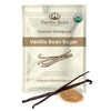 Vanilla Bean Sugar package with vanilla beans and sugar on a white background