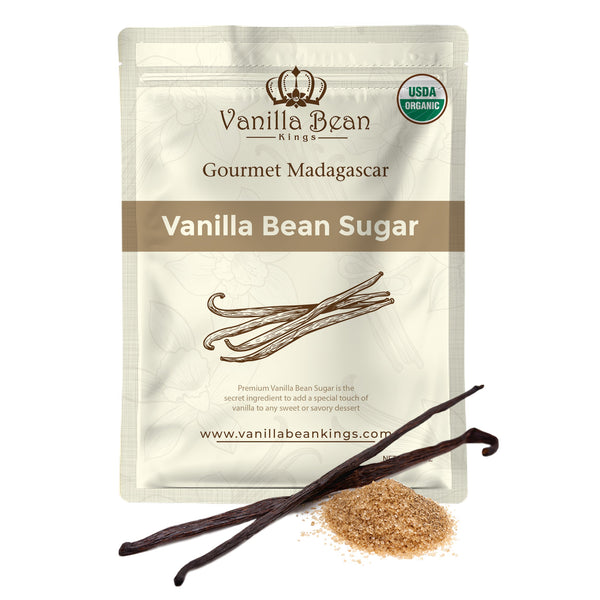 Vanilla Bean Sugar package with vanilla beans and sugar on a white background