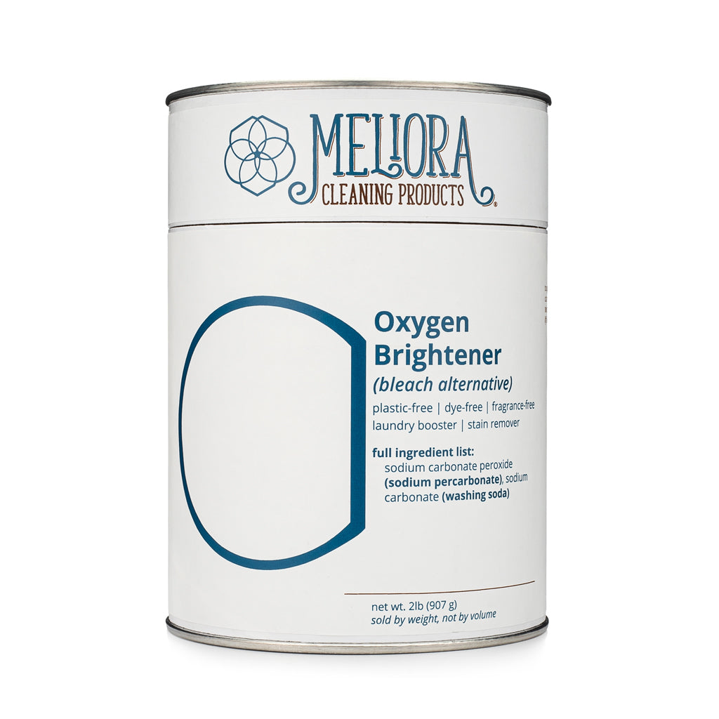 Meliora Oxygen Brightener plastic-free bleach alternative in paper and steel canister