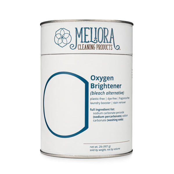 Meliora Oxygen Brightener plastic-free bleach alternative in paper and steel canister