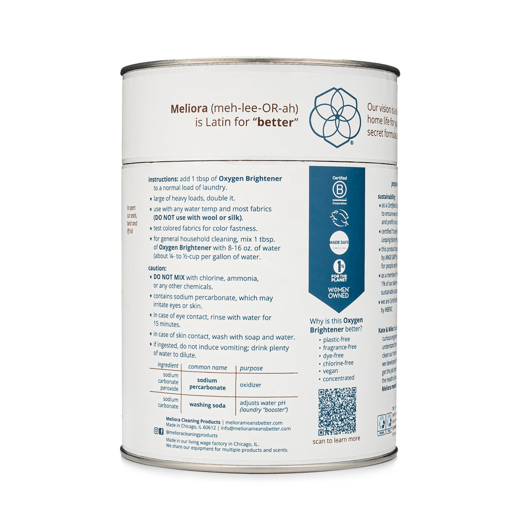 Back label of Meliora Oxygen Brightener canister showing ingredients and usage instructions