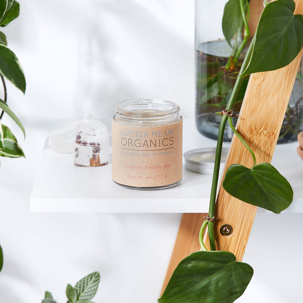 Close-up of Butter Me Up Organics sensitive skin organic deodorant with certified organic essential oil ingredients