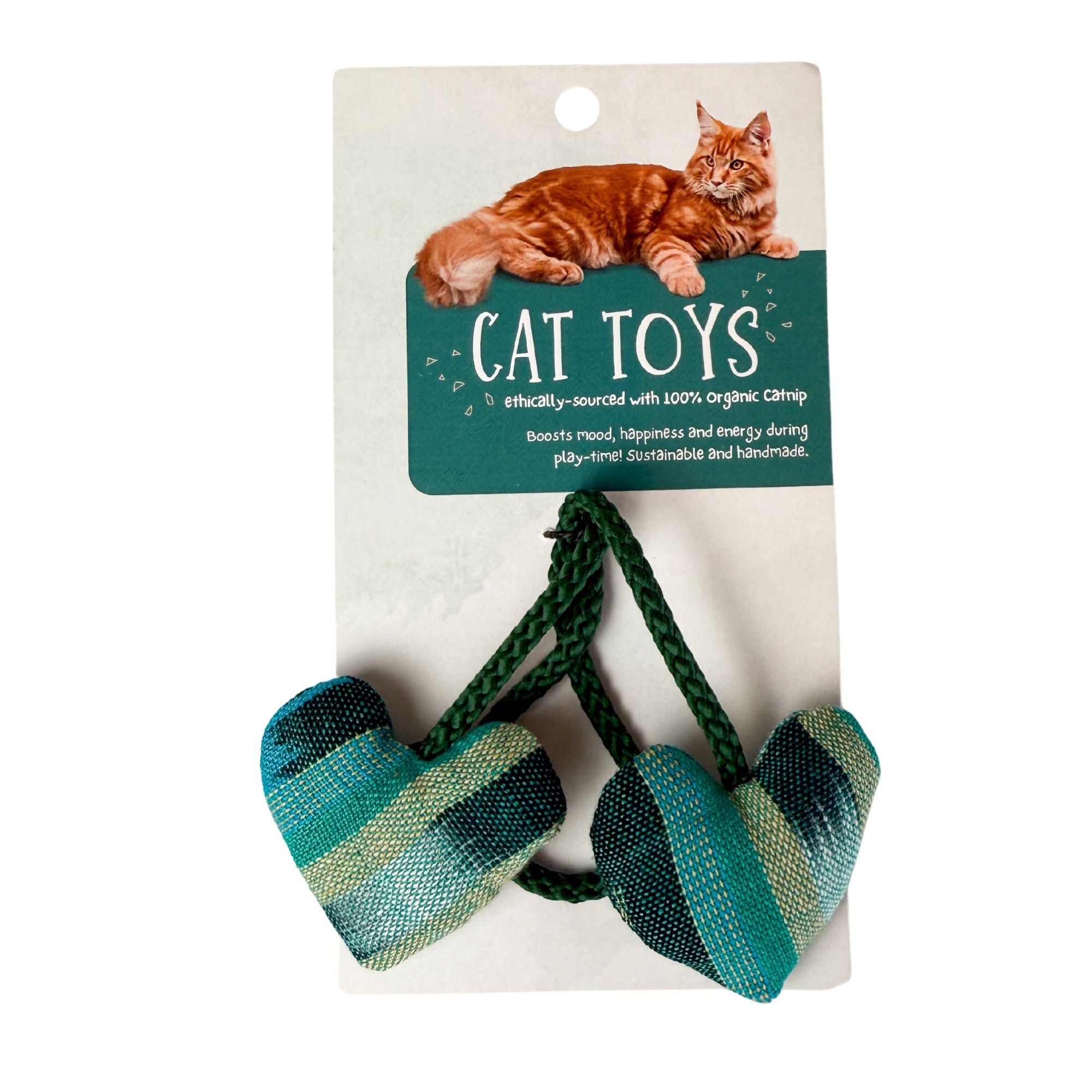 Organic Catnip Double Heart Cat Toy in a green fabric option