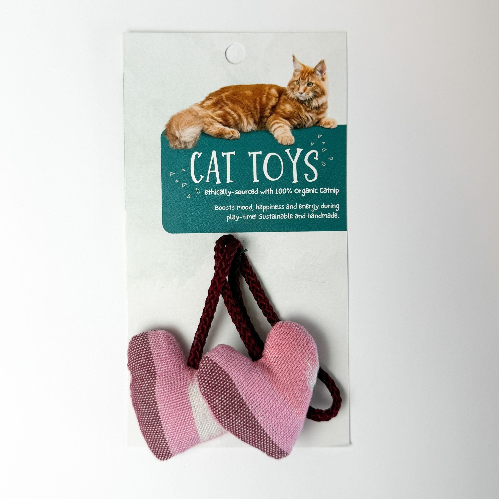Organic Catnip Double Heart Cat Toy in a pink fabric option