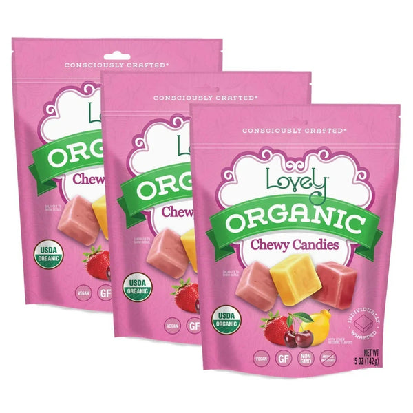 Bag of Organic Chewy Candies by Lovely Candy Company in strawberry, cherry and lemon flavors