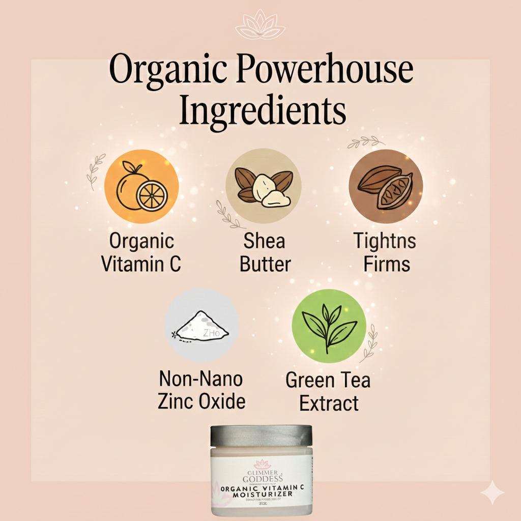 Certified organic ingredients in Glimmer Goddess Vitamin C Face Cream SPF 30 – sea buckthorn, pomegranate, vitamin C