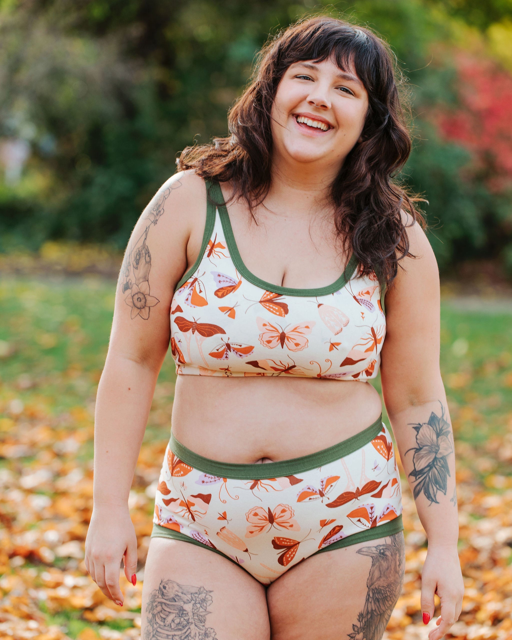 Woman wearing Thunderpants Original Field Study moth print underwear in size XL, front view