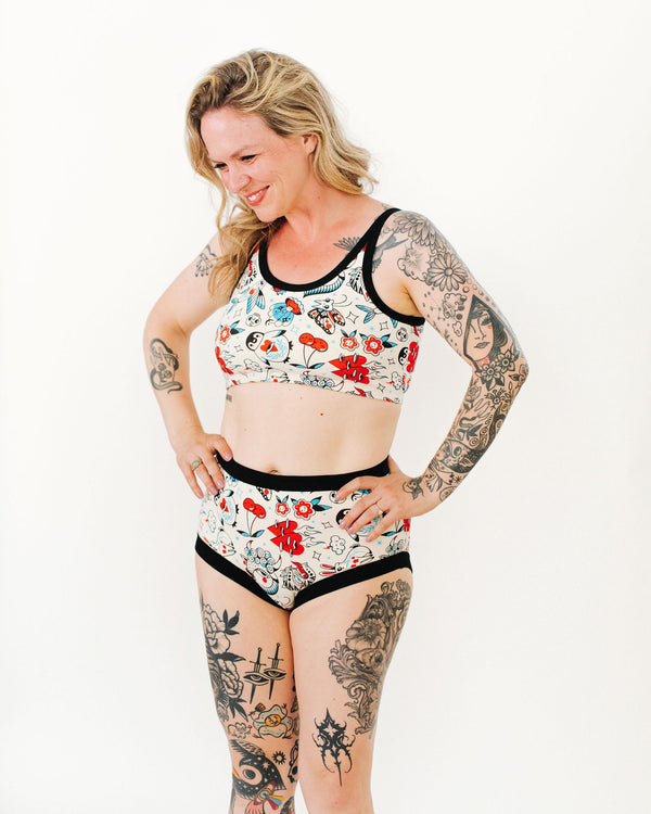 Woman wearing Thunderpants Inked Up Original underwear in tattoo print, front view