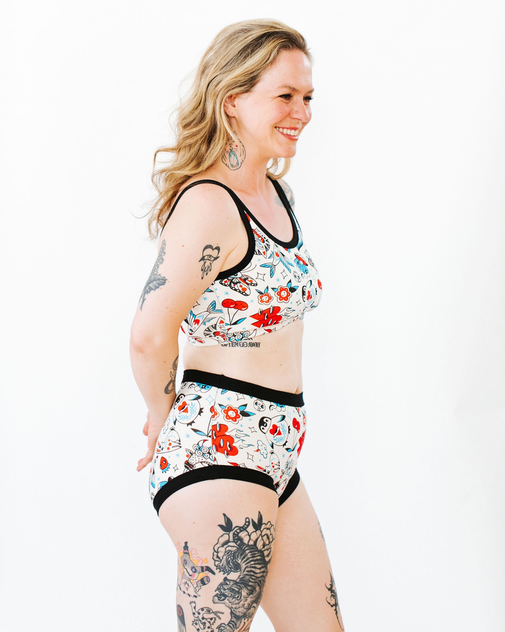 Side view of Thunderpants Inked Up Original women's underwear with full-coverage fit and artist-designed tattoo print