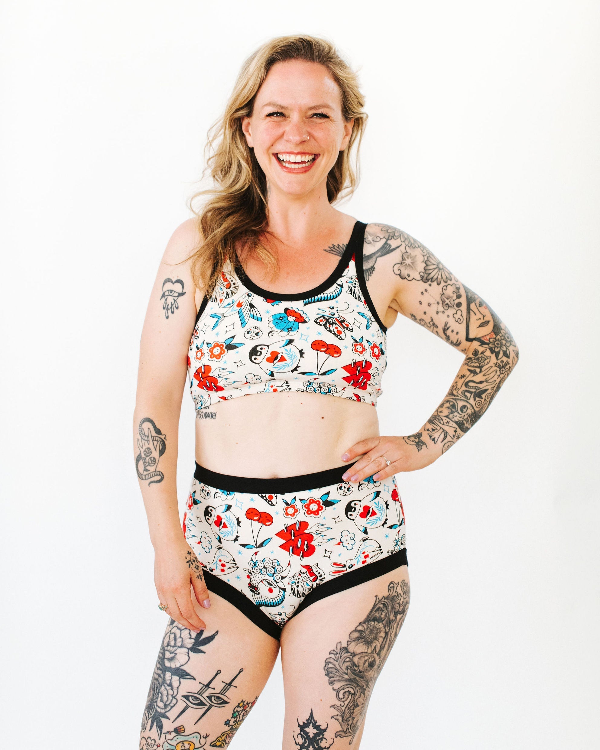 Close-up of Inked Up tattoo print underwear showing whimsical illustrated characters by Oregon tattoo artist Connie Gabbert