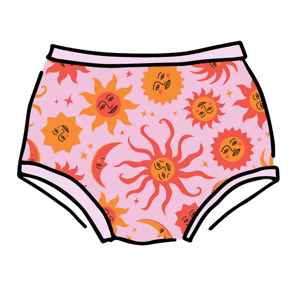 Thunderpants Luna y Sol Original women's underwear with celestial sun and moon print by Greta Menzies