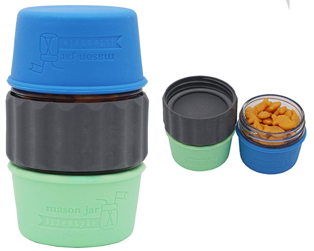 Set of reusable containers with blue, gray, and green lids and bodies on a white background.