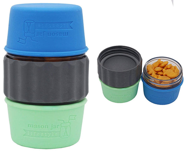 Set of reusable containers with blue, gray, and green lids and bodies on a white background.