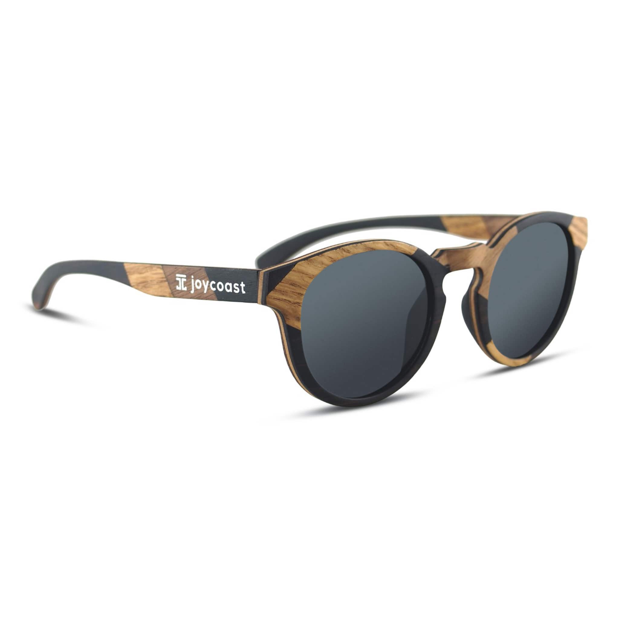 Joycoast Terra 2 Vari-Wood round sunglasses showing natural wood grain detail on frame temples