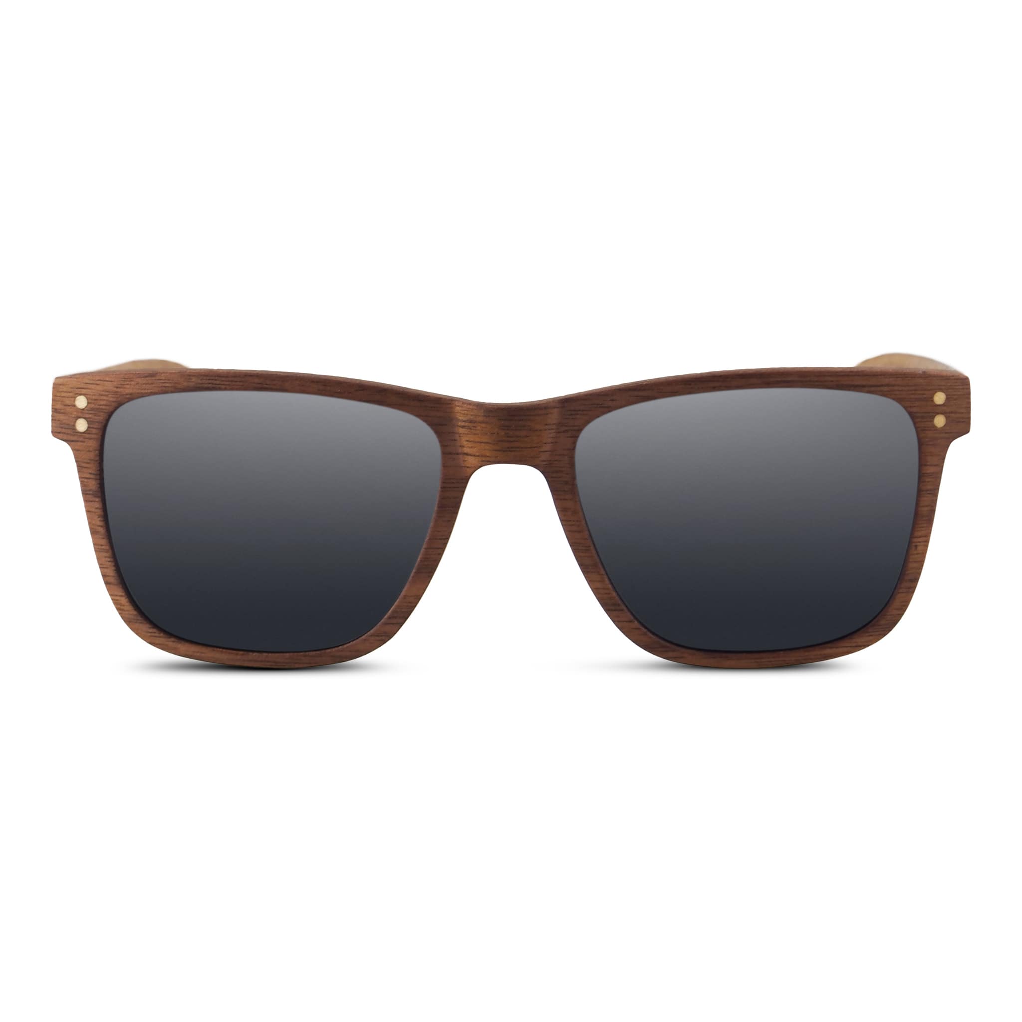 Walnut Wayfinder wooden sunglasses with polarized grey lenses, angled three-quarter view