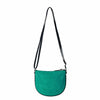 Green crossbody bag with a black strap on a white background