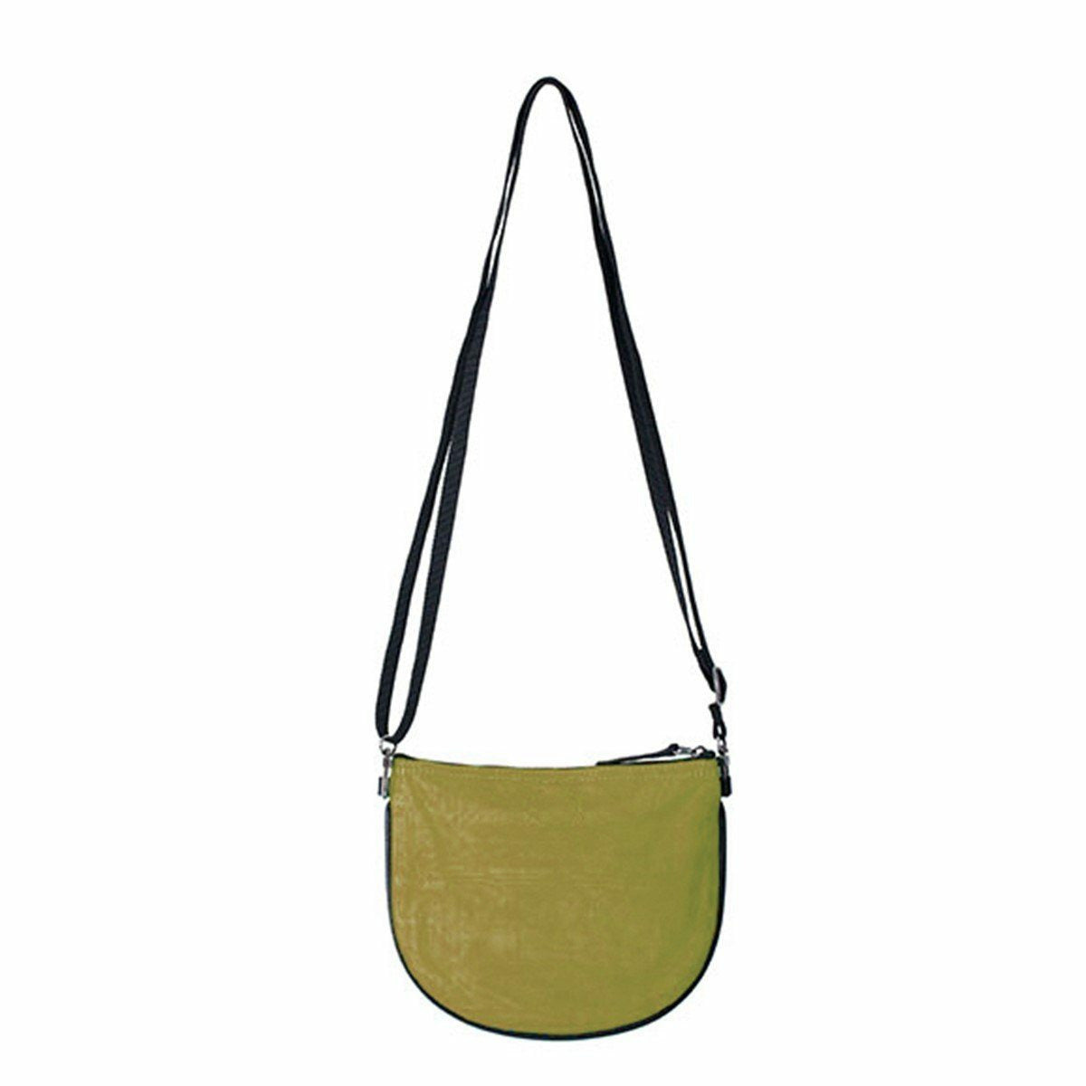 Green crossbody bag with a black strap on a white background