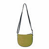 Green crossbody bag with a black strap on a white background
