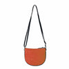 Orange crossbody bag with a black strap on a white background