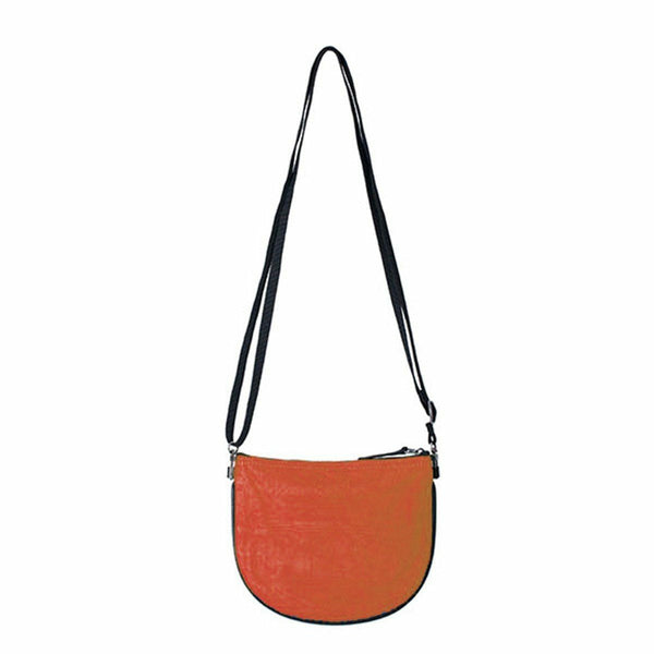 Orange crossbody bag with a black strap on a white background